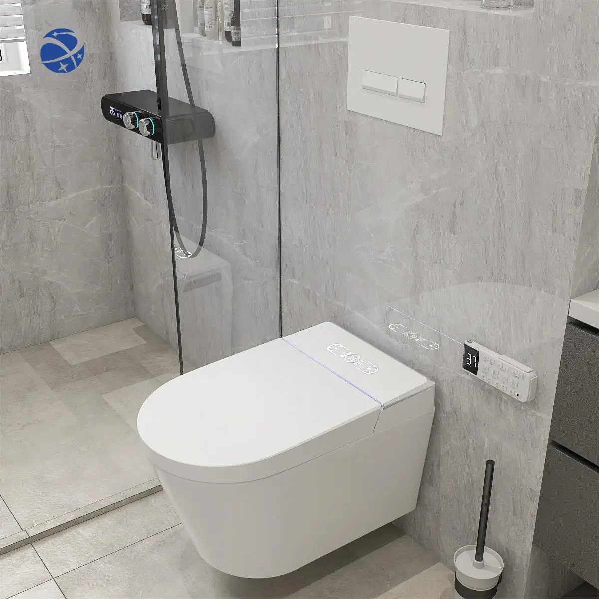 180mm P-trap Round Shape Concealed Cistern Wall Hung Smart Toilet Bidet