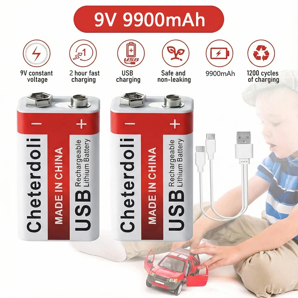 

9Volt 9900mAh Li-ion Battery Rechargeable 6F22 Direct USB Charge for Smoke Detector Alarm System Digital Multimeter Tester Tools