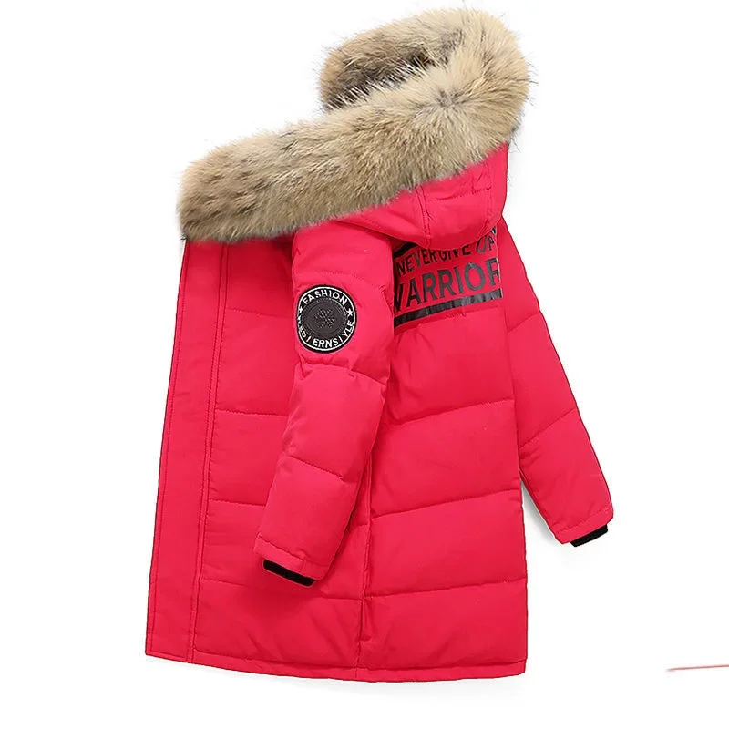 -30℃ Winter Boys Jacket Long Style Letter Print Thick Big Fur Collar Hooded Overcoat For 5-12Y Teen Kids Down Cotton Snowsuit