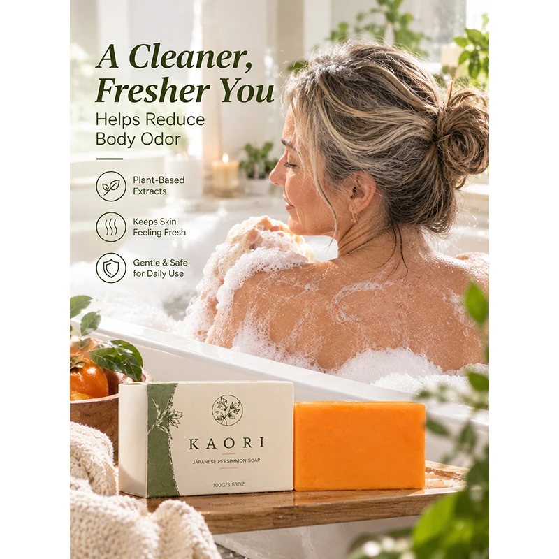 Persimmon Extract Body Cleansing Soap Effective Body Odor Removal, Long-Lasting Oil Control Rich Foaming Bath Bar Soap Skin Care