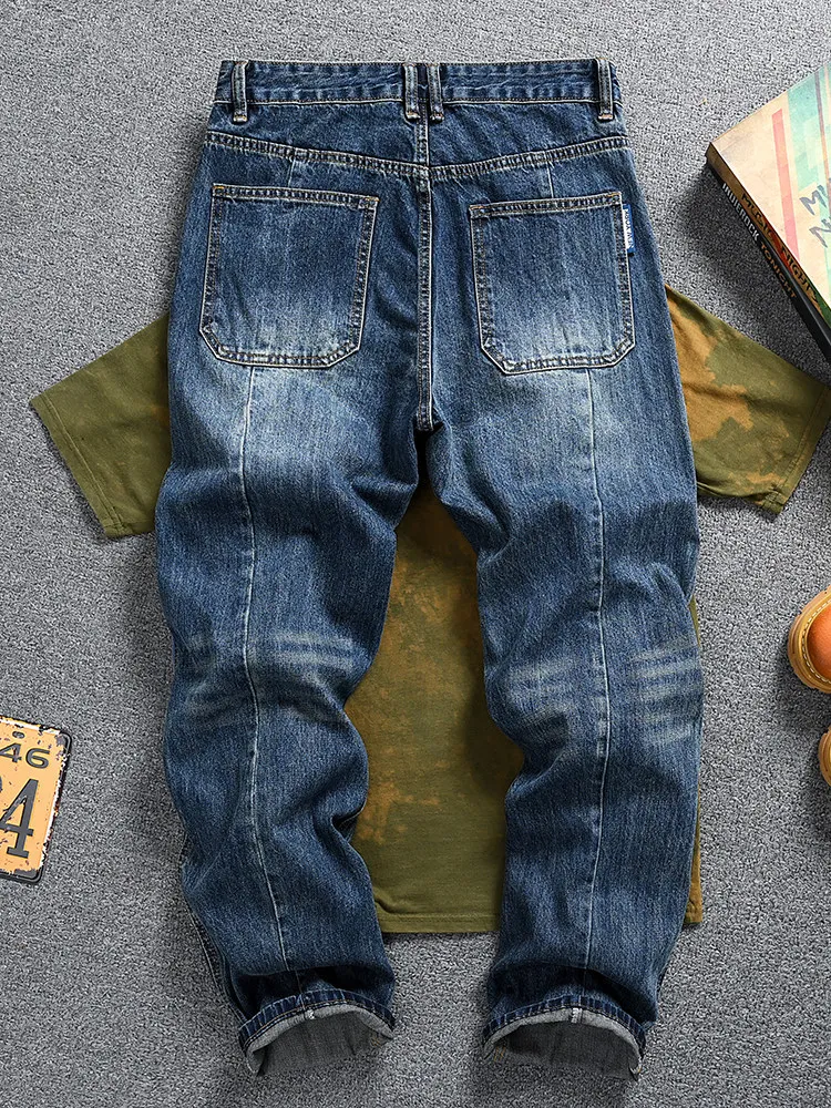 Men's American Vintage Patchwork Jeans, Loose Straight High Street Style, Fashion Retro Denim Long Pants