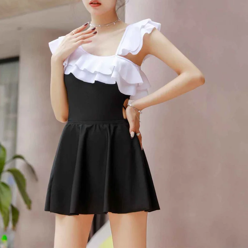 2023 New Summer Fashion Diagonal Collar Ruffles Open Waist Open Back Pure Hot Spring Beach Sexy One-piece Swimsuit Plus Skirt