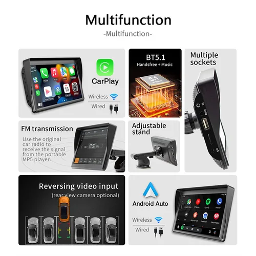 Imagen 2 del producto Pantalla táctil portátil de 7 pulgadas, inalámbrica, Apple CarPlay, Android, Auto, Radio para coche, reproductor de vídeo Multimedia, Monitor Universal de navegación