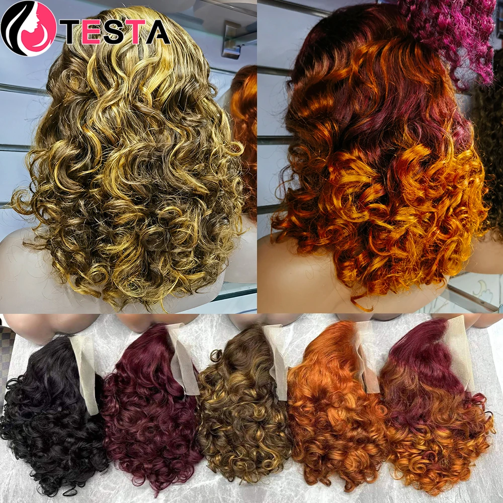 Bouncy Curly Human Hair Wigs 13*1Transparent Lace Frontal Wig Pre-Plucked Indian Remy Hair P427 Bob Loose Wavy Wig 250% Density