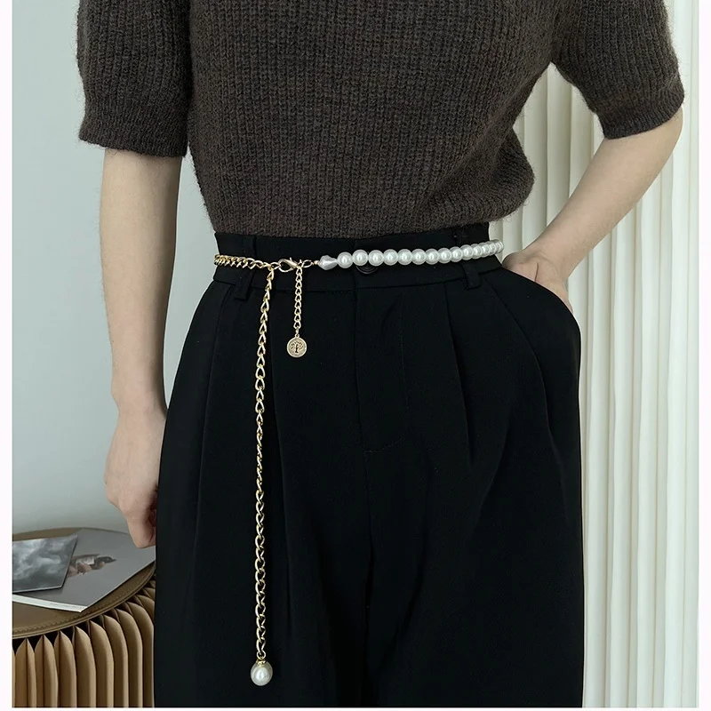 Luxury Fashion Elegant Lady Waist Belts Metal Simulated Pearl Chain Belt For Women Decoritive Girls Dress Crystal Strap