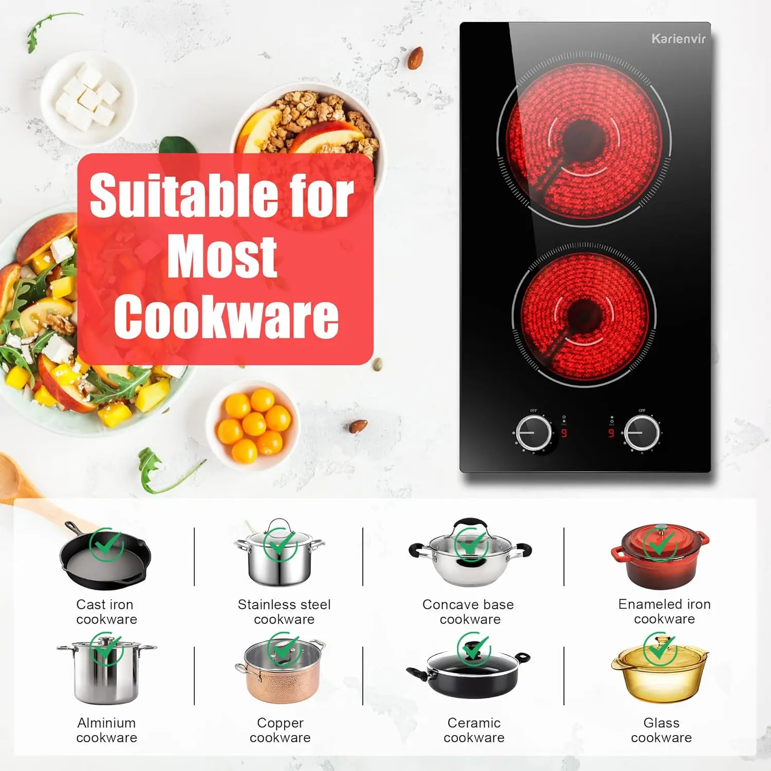 Electric Cooktop 2 Burners, Knob Control, Plug in Electric Stove 110v, 2000w, 9 Power Levels, Countertop & Built-in Ceramic Cook