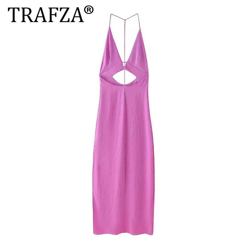 TRAFZA GAL 2024 Summer Y2K Hollow Out V Neck Women Party Long Dresses Sleeveless Backless High Split Slim Robe Female Midi Dress