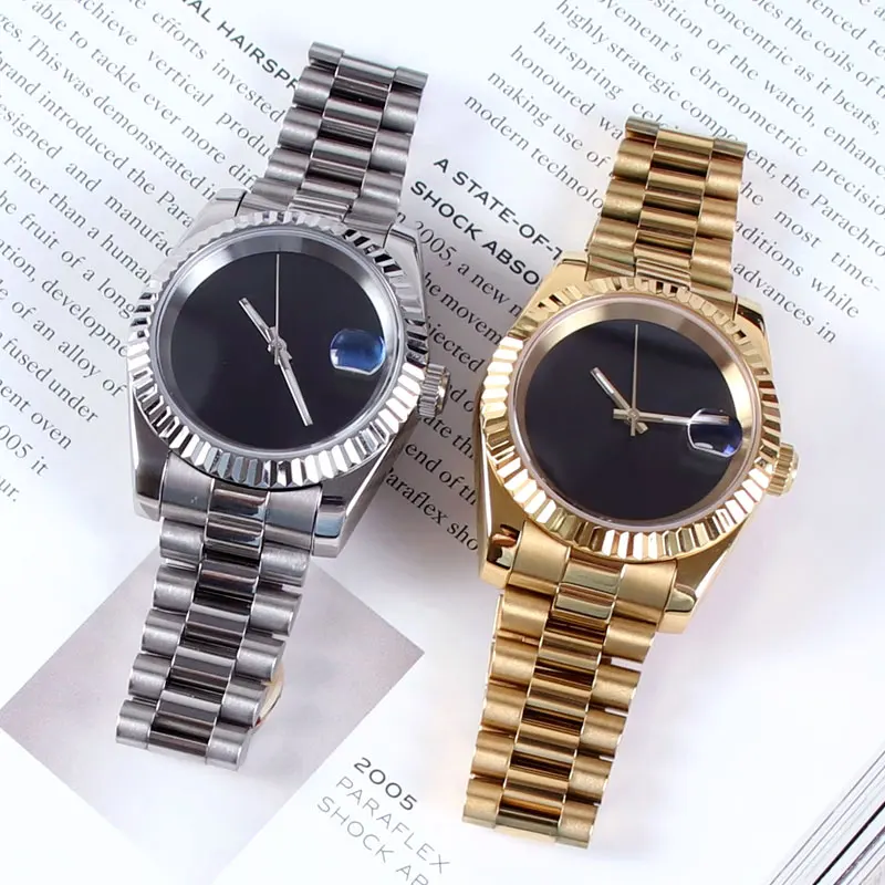 oro 36/39mm quadrante nero DJ stely orologio automatico intrecciato curvo da uomo NH35A vetro zaffiro con retro in vetro