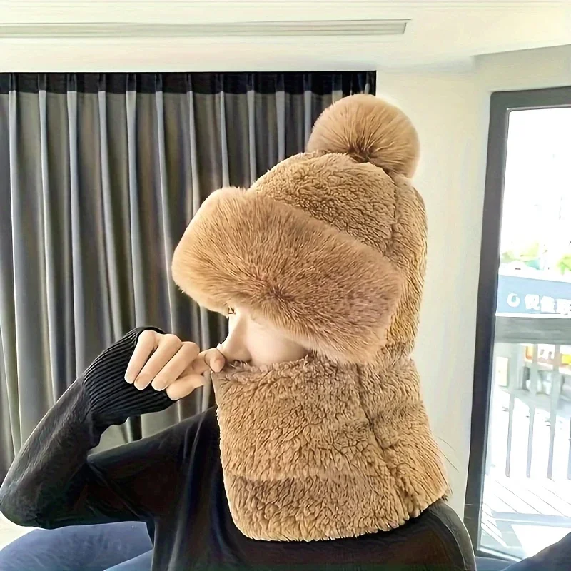Plush and Soft Winter Brimless Ear Protection Jumpsuit Scarf, Women's Thick Warm Riding Hat