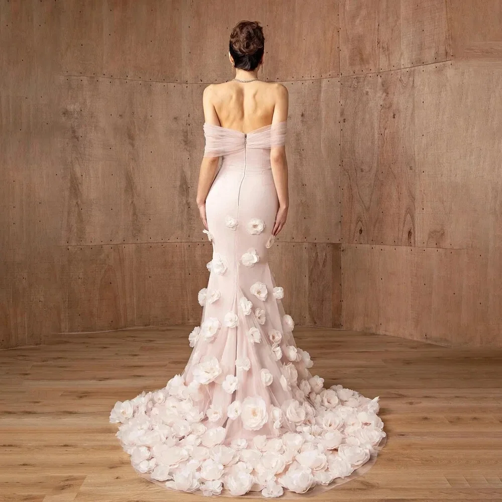 DRESS FORU エレガントなピンクのイブニングドレス チュール フロアレングス ワンワードカラー プロムドレス フラワーローブ ド ソワレ カスタマイズ