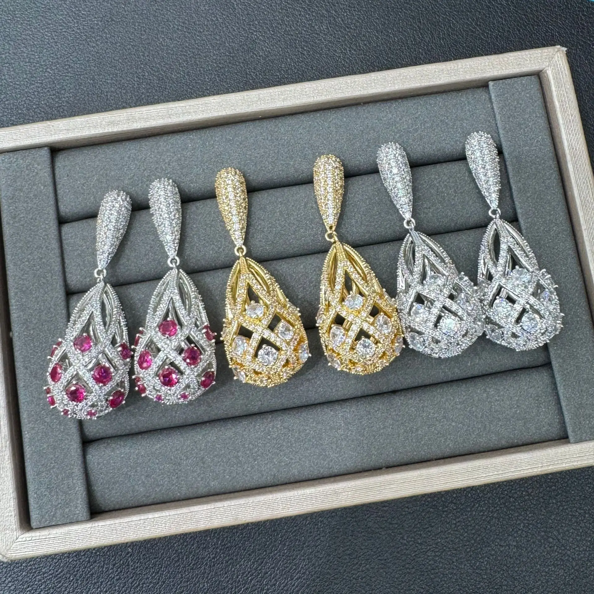 Gold Silver Plated Interwoven Teardrop Drop Earrings Pave CZ Multi Color Glass Women Wedding Party Jewelry