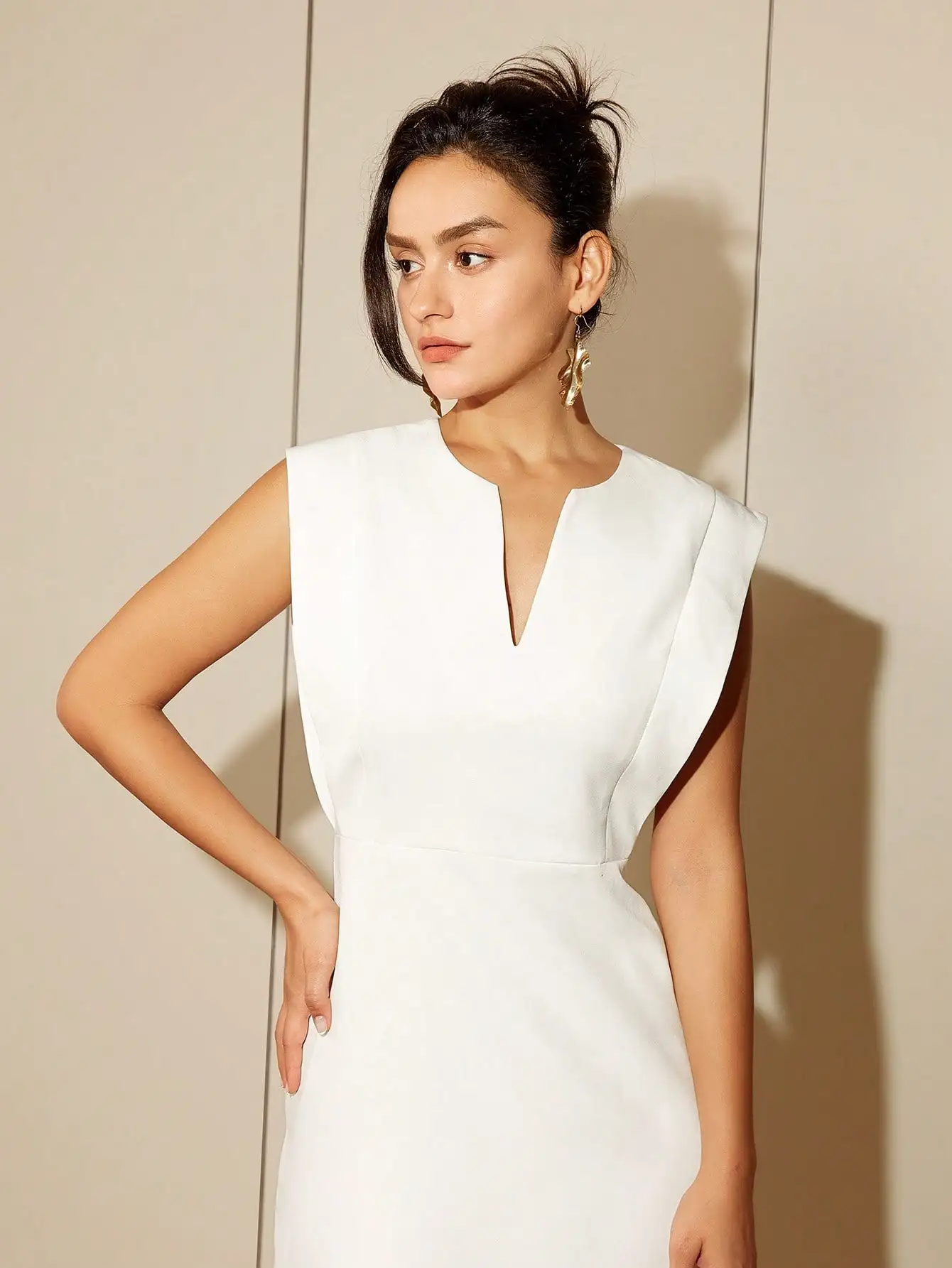 AEL Woman Fashion New Casual Elegant High Waist Sleeveless A Line Dress Solid Notched Neckline Dress