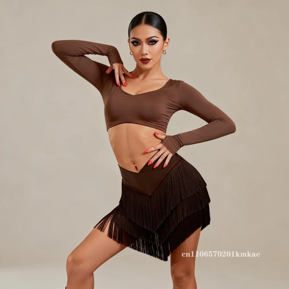 Latin Dance Skirt Women Adult Female Tango Cha Cha Latin Dance Professional Practice Skirt Sexy Three Layer Tassel V Half Skirt