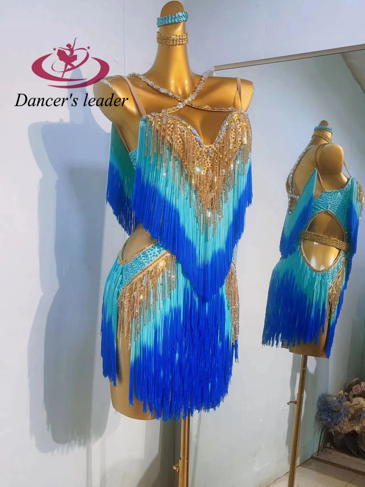 라틴 댄스 아트 공연 고급 맞춤형 투톤 태슬 스플라이싱 삼바 댄스 고급 반짝이는 라인스톤 의상