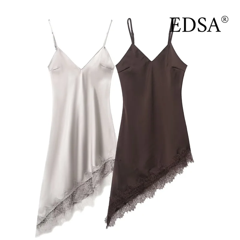 EDSA Minivestido asimétrico de encaje satinado para mujer con tirantes finos ajustables con cuello en V Vestidos cortos sin mangas de verano
