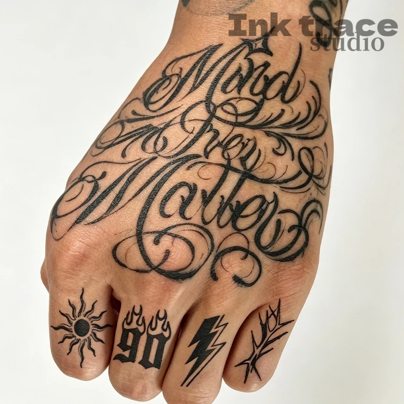 Chicano Cursive Letter Temporary Tattoo Stickers Sun Lightning Flame Thorn Swallow Fake Tattoo For Hand Back Finger Decor