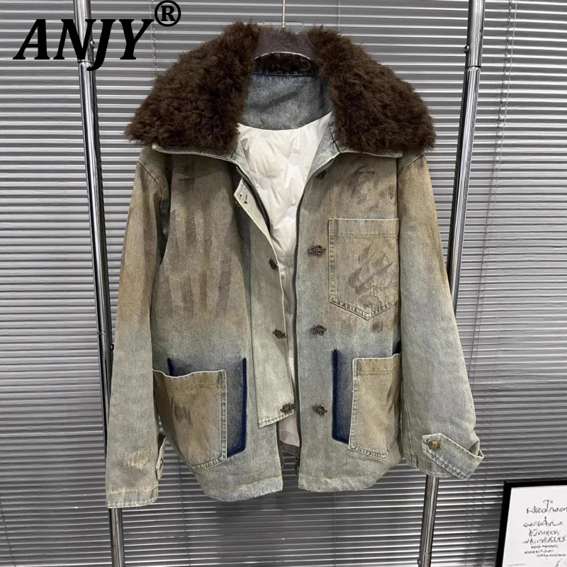 ANJY 2025 Autumn Winter New Women Butterfly Large Fur Collar Distressed Mid-Length Denim Padded Coat Trendy Street Jacket A16286