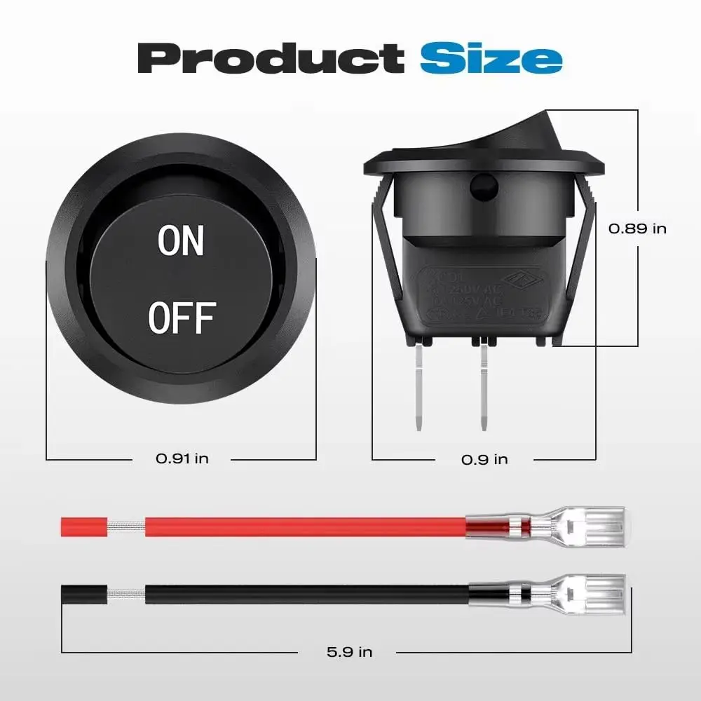 Saklar Rocker Bulat 2 Pin dengan Kabel Hitam 12 Volt DC Saklar Toggle ON-OFF Terminal 15CM Saklar On Off untuk Penggunaan RV