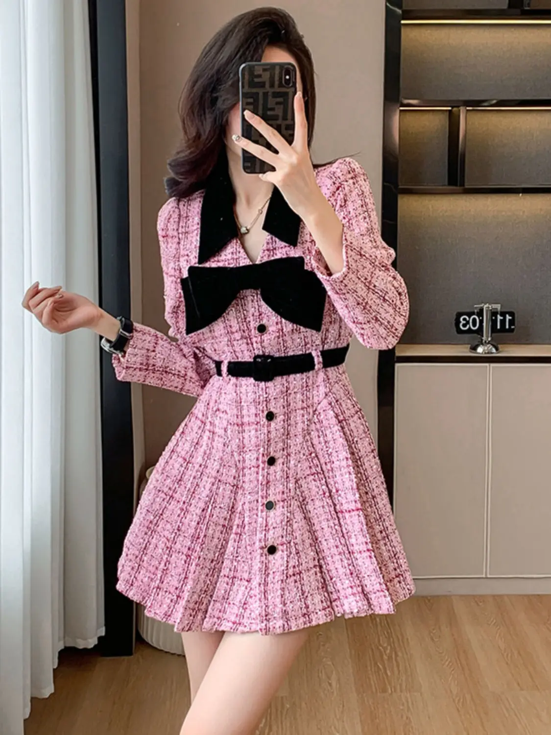 

Korea Dress High Quality Pink Tweed Elegant Women'S Black Lapel Long Sleeve Slim A-Line Dress Sweet Pleated Dress