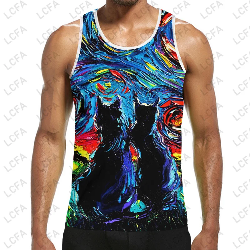 art oil painting 3D Print Men Rock Women Psychedelic Whirlpool Beach Top Colorful Anime Streetwear Vest Harajuku Short Sleeve