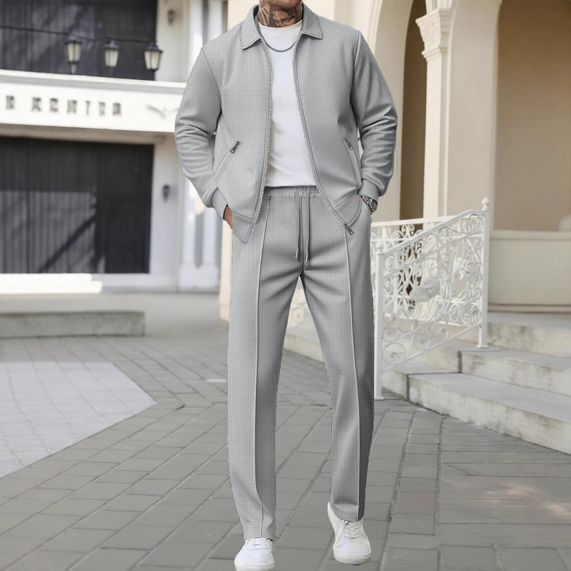 European/American Style Men's Slim Fit Cardigan with Check Pattern Zippered Pocket Lapel Waffle Texture Autumn Youth Jacket Set