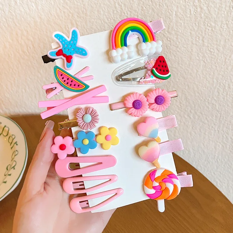 14Pcs/set Children's Hairpin Cute Bb Clip Girls Broken Hair Bangs Side Rainbow Girls Headgear Gift Cartoon Flowers image 6