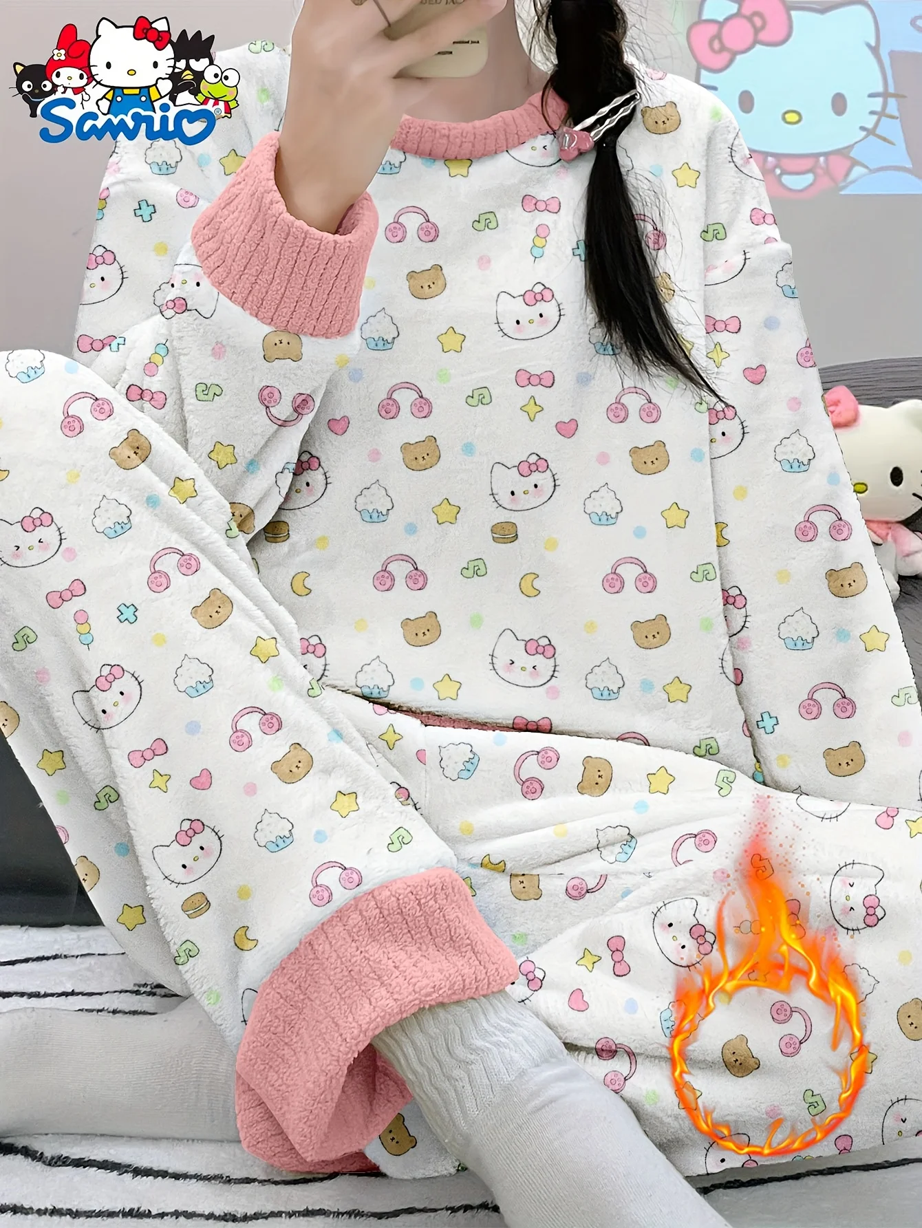 Women's HelloKitty velvet pajama set, featuring a long-sleeve top and matching pants, comfortable winter sleepwear