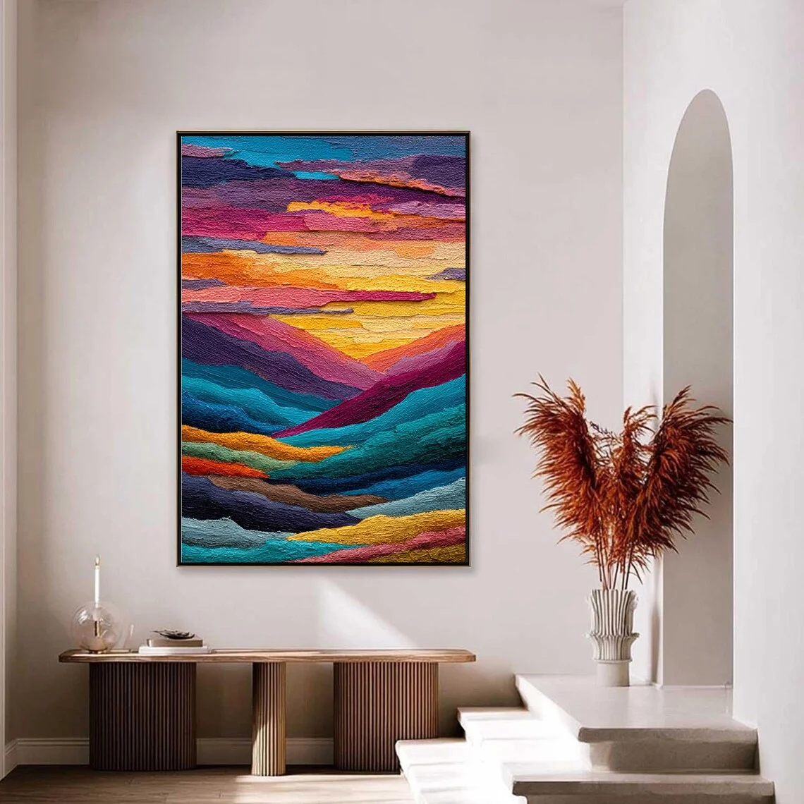 Thick Impasto Color Mountain Sunset Oil Wall Decor Print - Perfect Gift for Landscape Art Collectors, Entryway Home Stylists