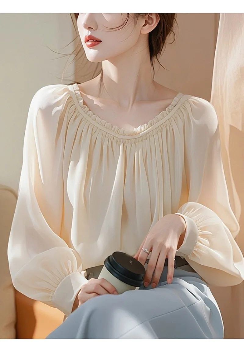 Chemisiers Vintage pour femmes, couleur unie, chemises décontractées, mode ample, vêtements coréens d'été, manches longues, col en v, hauts en mousseline de soie pour femmes