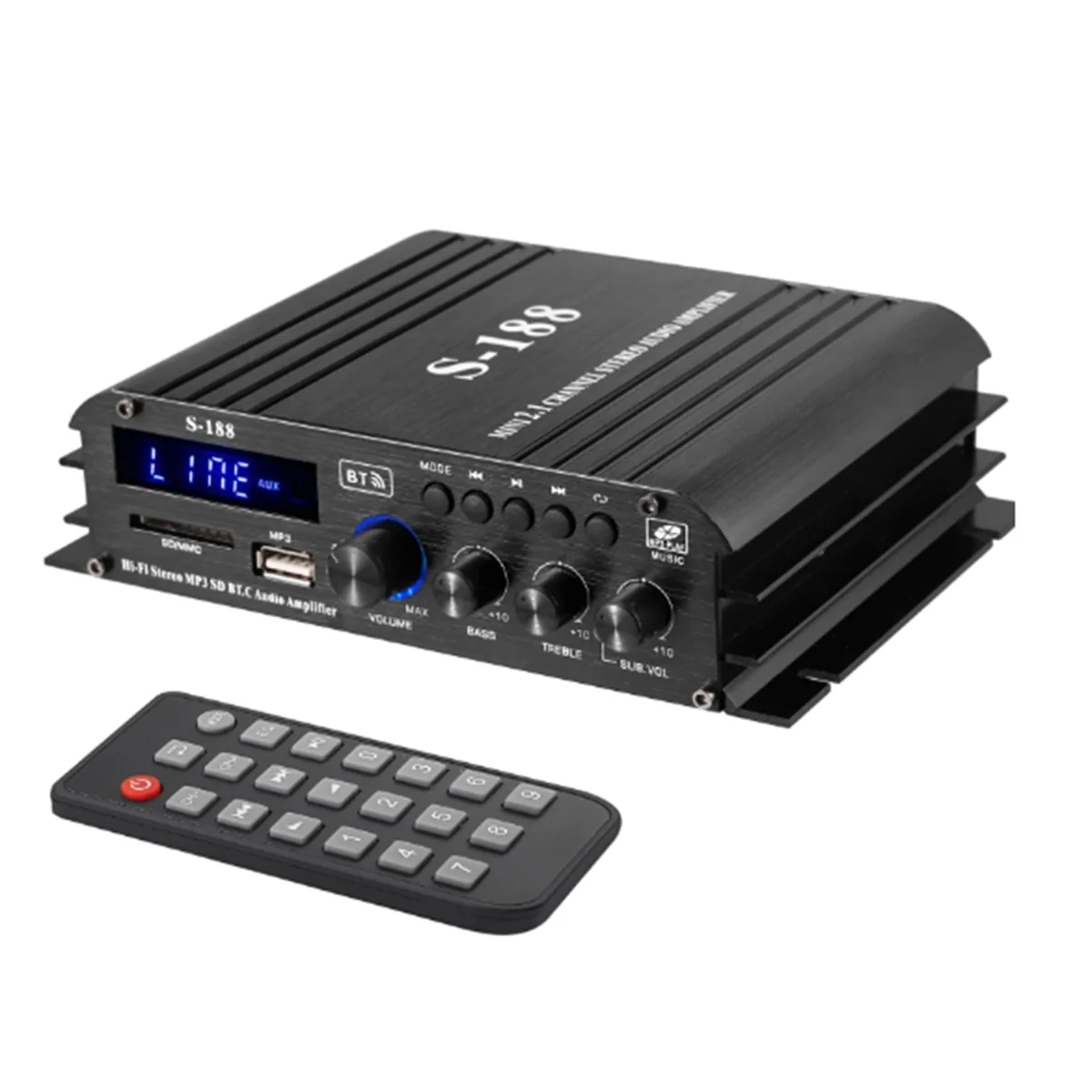 90W S-188 Bluetooth Stereo HiFi Amplifier 2.1 CH Audio Power Amplifier Bass Treble Control Music Player Amp EU Plug