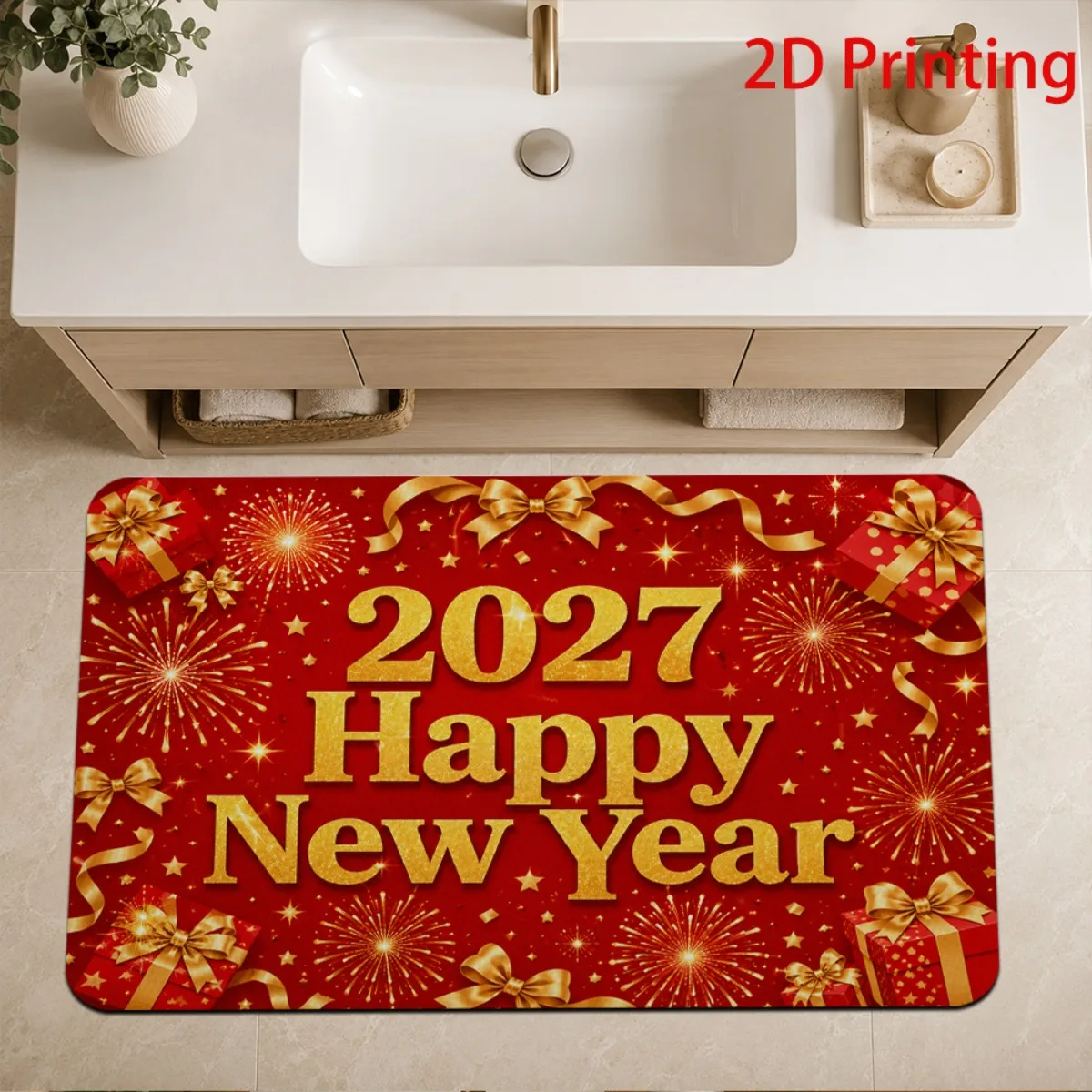 2027 New Year Christmas Decorative Doormat Puppy Gift Snowflake City Print Floor Mat Front Door Indoor Home Holiday Party Decor