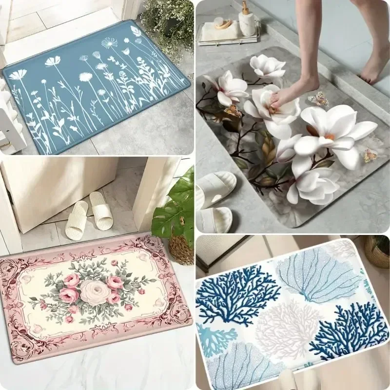 Blue Coral Pattern Bath Mat Super Absorbent Non Slip Washable Footpad Room Entrance Decor Carpet Household Bathroom Entry Rug