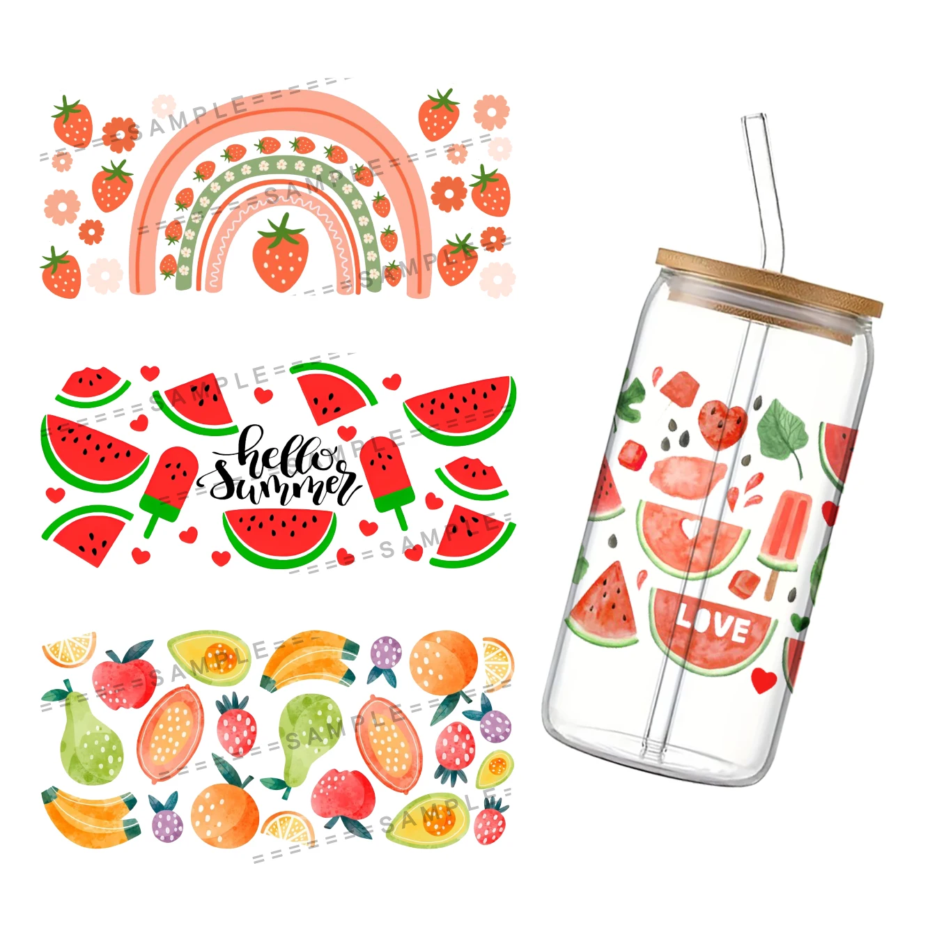 Fragole banane UV DTF Cup Wrap per 16Oz Libbey Glass Can DIY Transfer Sticker modelli di frutta