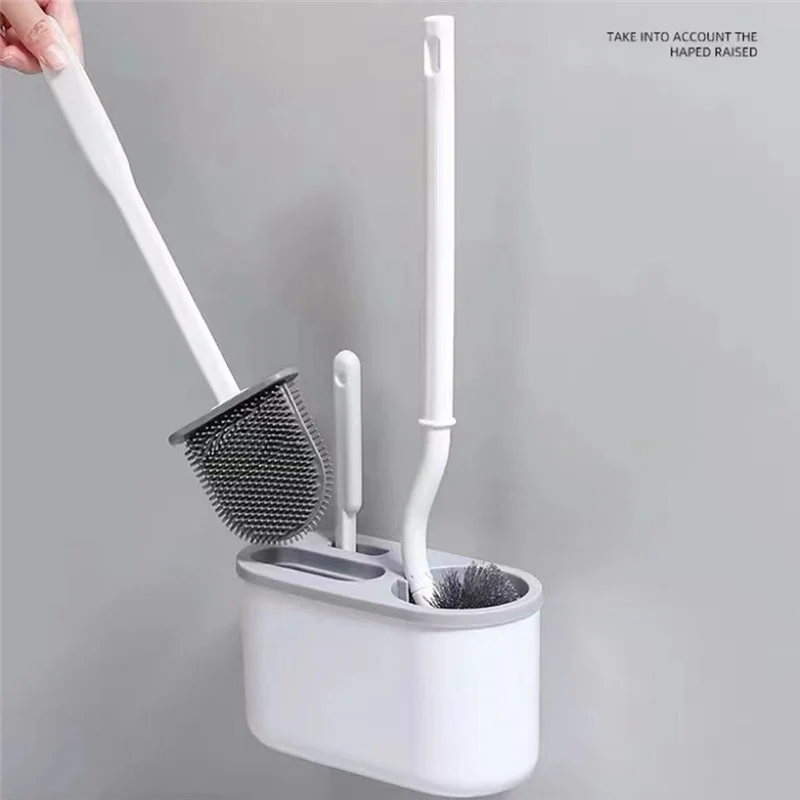 AB45 3 In 1 White Toilet Brush Silicone Wall Mounted Rack TPRS Nylon Detailed Cleaning Brush Gaps Cleaner WC Bath