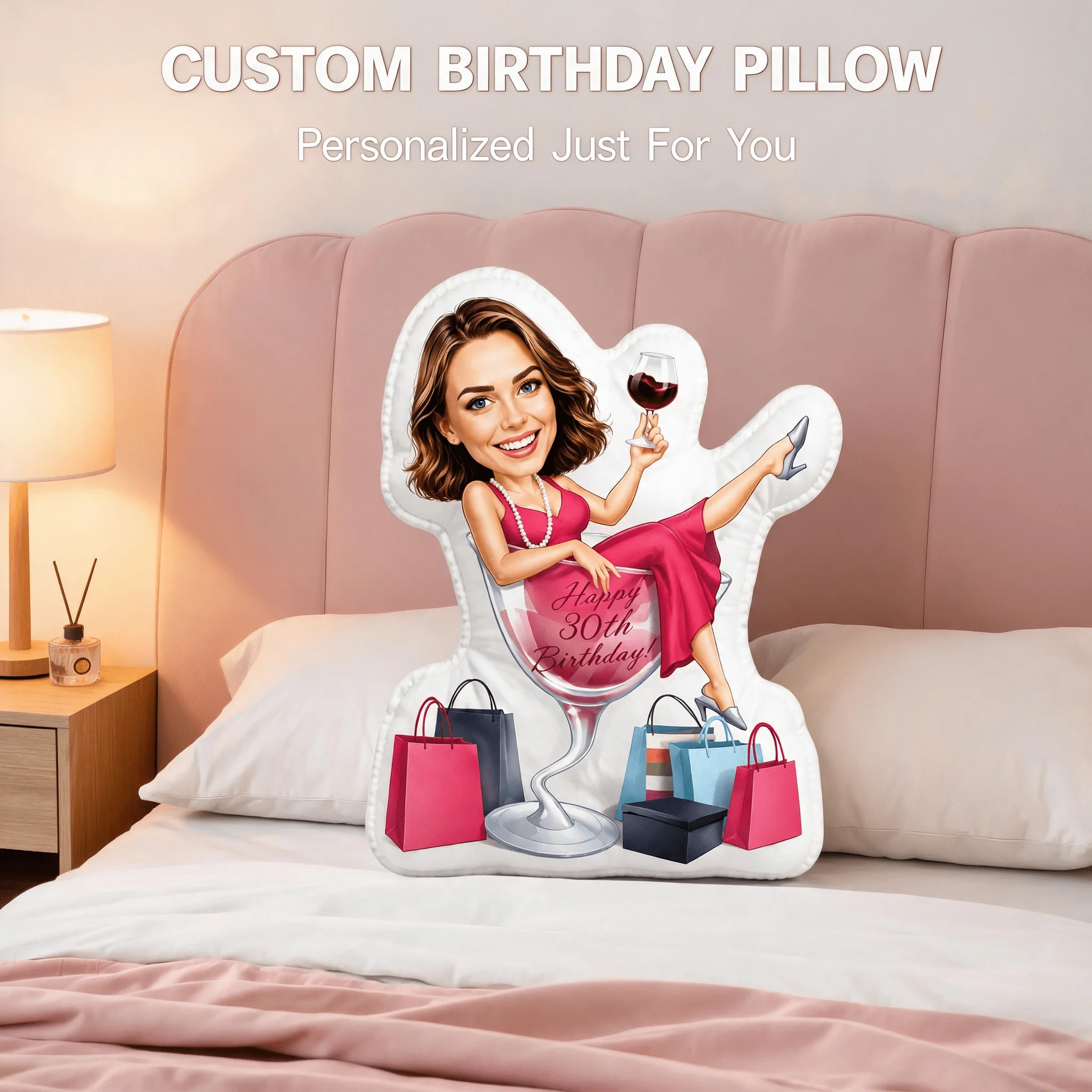 Custom Personalized Photo Face Pillow, Funny Woman in Pink Dress Holding Wine Glass Custom Shaped Decorative Cushion, 70CM Home