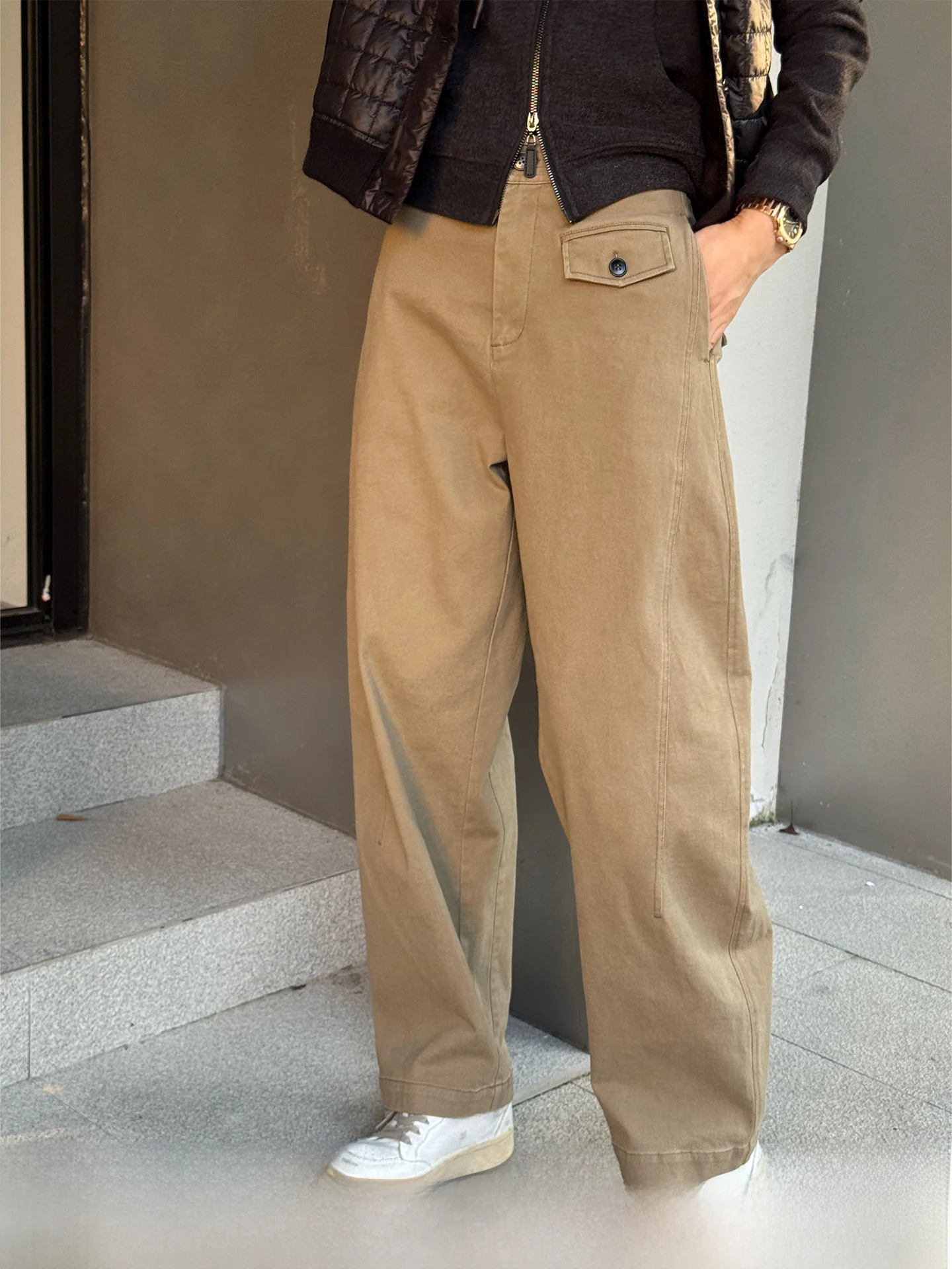 

Женские брюки прямого кроя цвета хаки, свободные, повседневные, весенние, новые, универсальные, из хлопка, с эффектом похудения