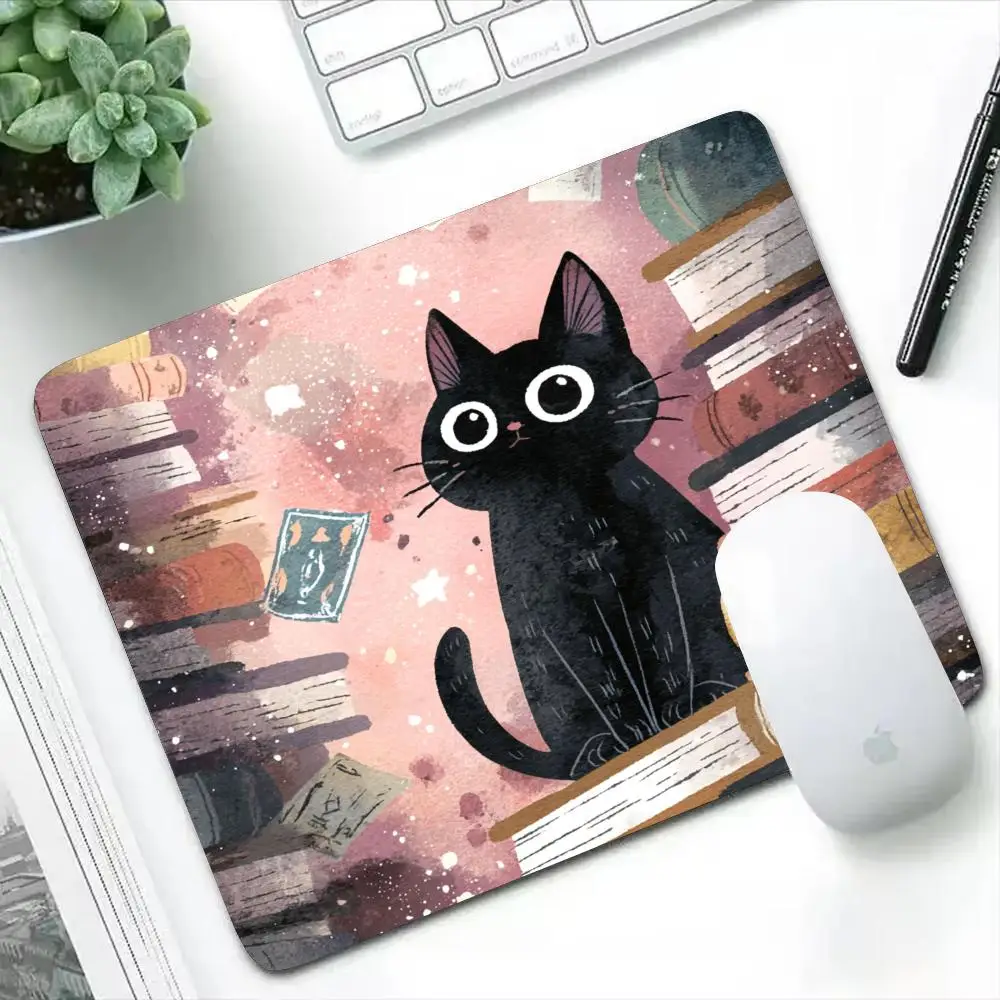 Black Cat On Stack Of Books Mouse Pad Square Computer Office Game Table Mats Rubber Anti-slip Mousepads Small Desk Pads 450*400
