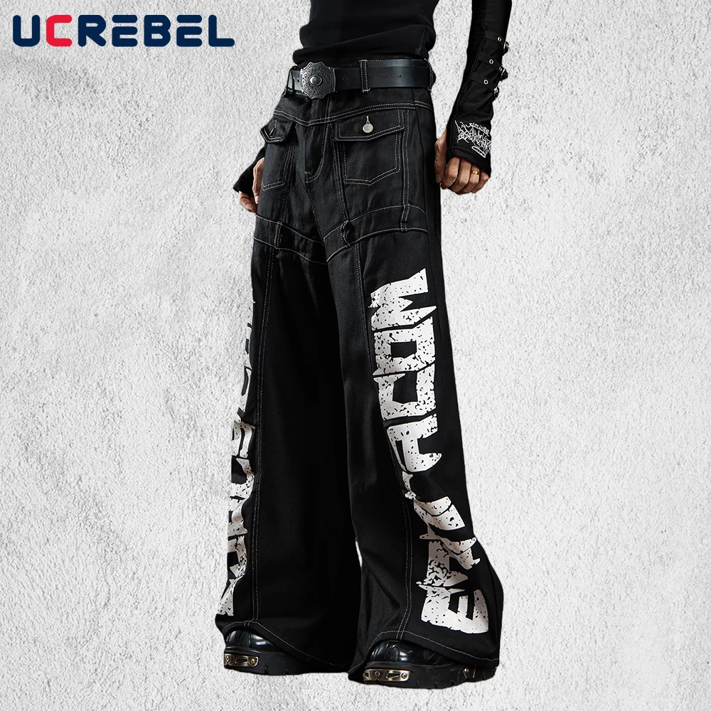 Letter Print Spliced Jeans Mens Pocket Topstitch Retro High Street Baggy Wide Leg Denim Banana Pants Man