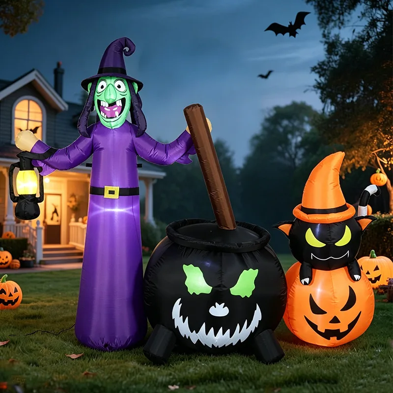 1.8M Halloween Inflatable Decoration Witch Cauldron Black Cat Pumpkin Blow Up Model for Outdoor Yard Lawn Festive Party Decor