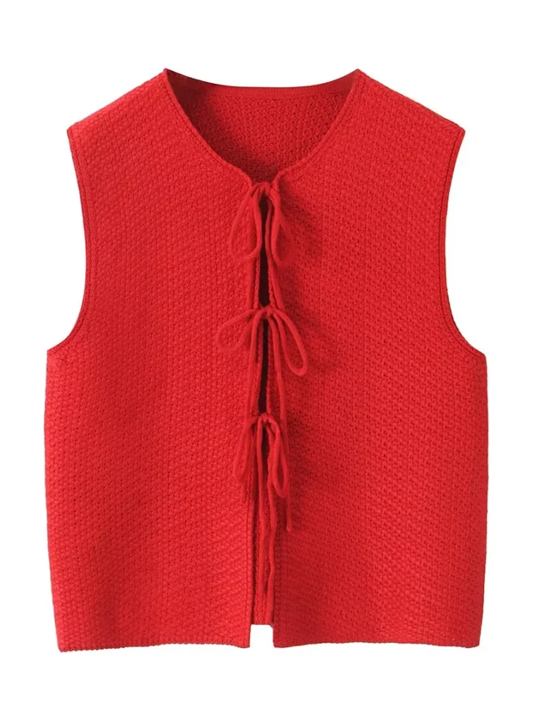 KAOPU ZA Women with tie knit cropped vest top vintage o-neck sleeveless female waistcoat chic tops