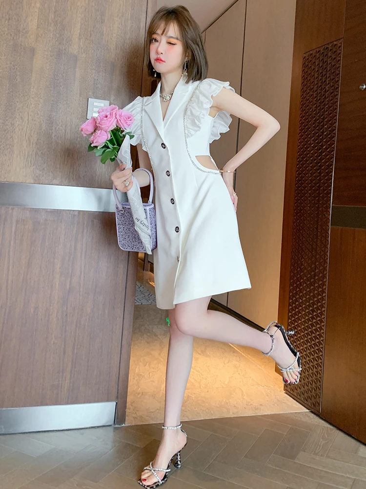

MIUCO Belted Waistcoat Dr with Lace Sves And Embellied Buttons High Waist A-Line Skirt Design Summer Commute Sle