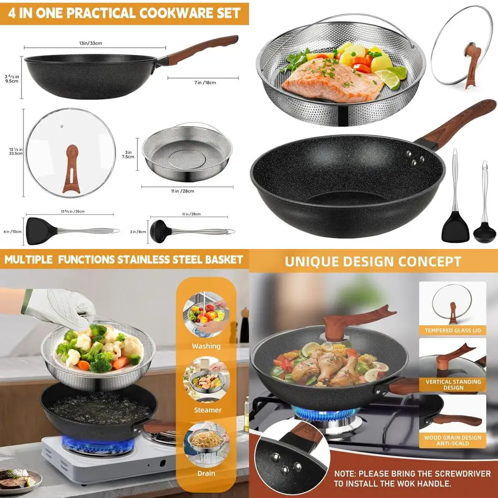 

13 Inch Nonstick Wok with Lid, Steamer, and Tools, PFOA-Free, Compatible with All Cooktops