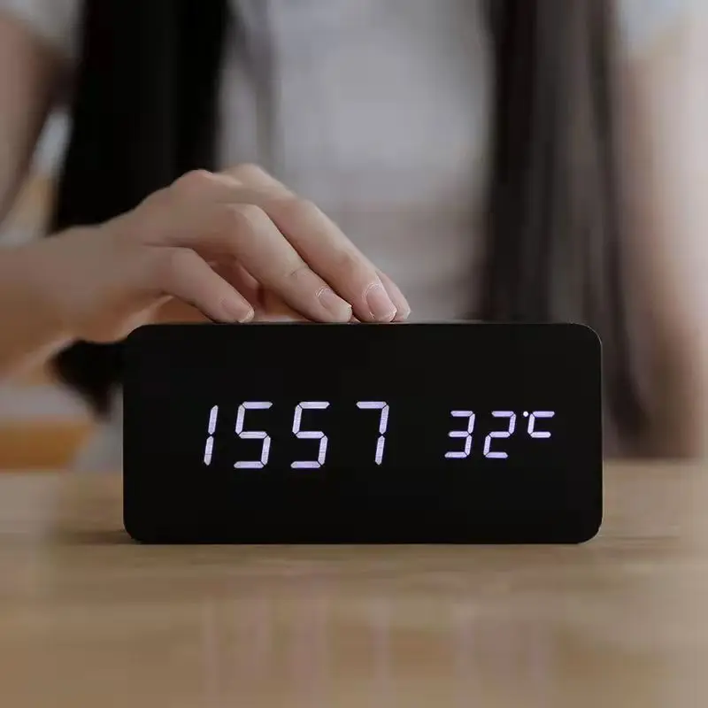 Multicolor Sound Control Wooden Wood Square LED Alarm Clock Desktop Table Digital Thermometer Wood USB/AAA Date Display