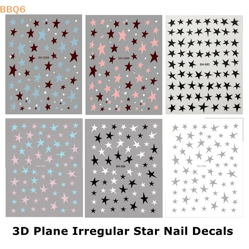 5/1Sheet 3D Plane Irregular Star Nail Decals Metallic Effect Silver Pentagram Nail Decals DIY Adhesive Nail Art Salon Decoration