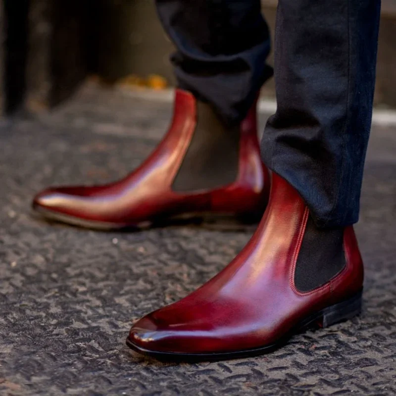 New Red Sole Chelsea Boots for Men Black Red Business Pointed Toe Handmade Men Fashion Short Boots Men Boots