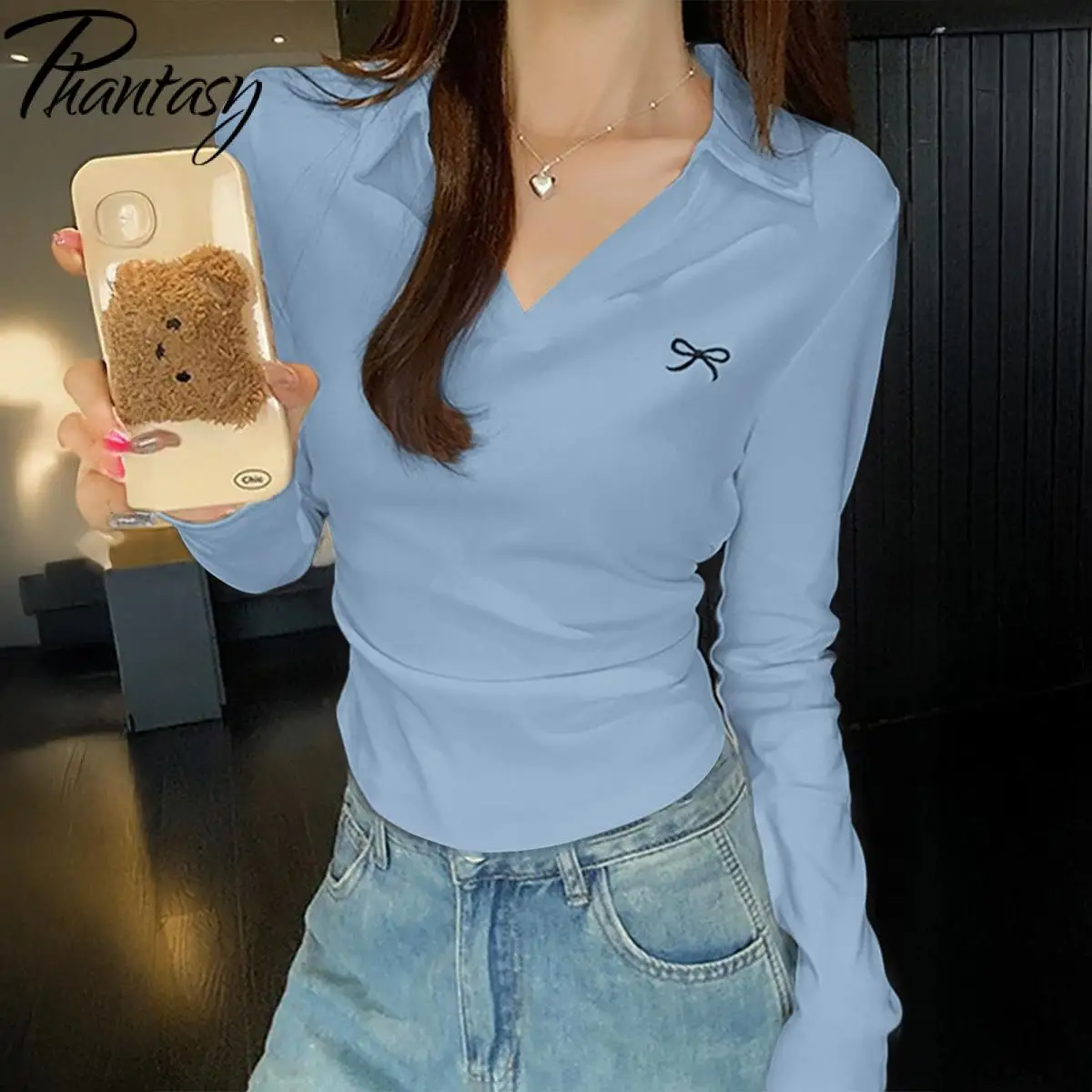 

Phantasy Y2K Топы для отдыха Простая однотонная футболка Женские рубашки поло с длинным рукавом и v-образным вырезом Повседневные облегающие базовые топы с воротником