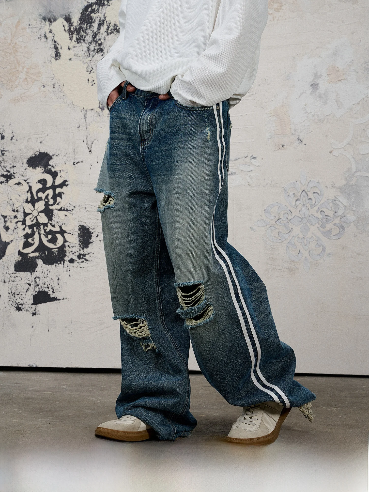 

Universal God Pants DONE Woven Belted Loose Silhouette Dra Wanderer Denim Long Trousers Youth Cotton Polyester Viscose