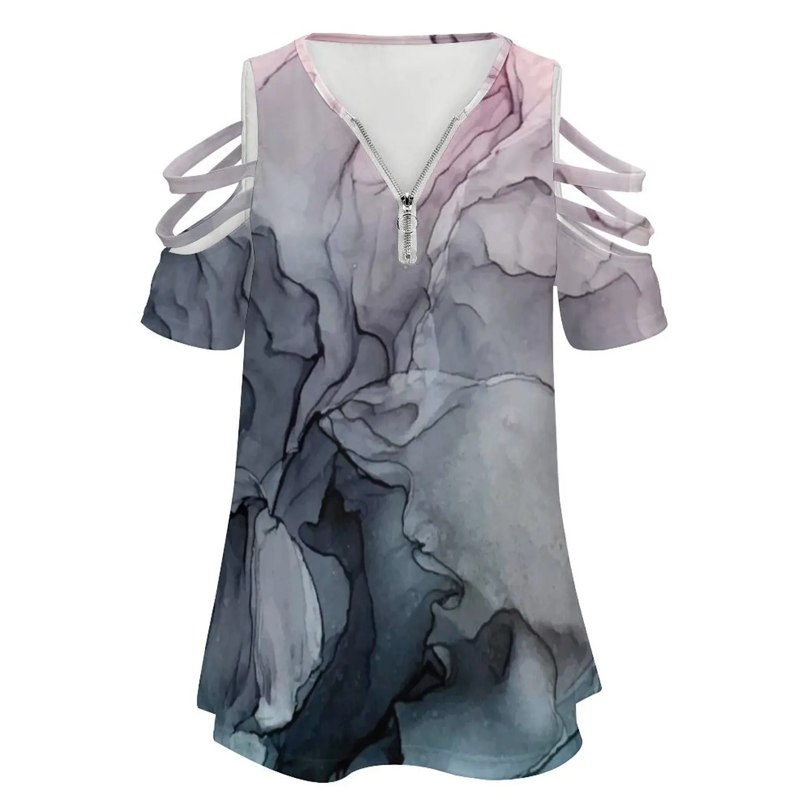 Blush And Payne'S Grey Flowing Abstract Painting Women'S T-Shirt Summer Fashion Print Floral V-Neck Zipper Tshirt Hollow