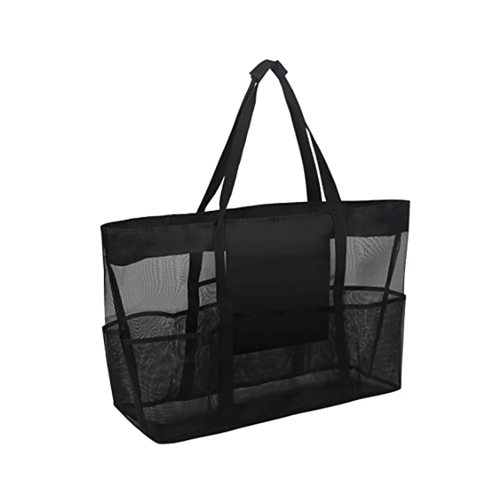 

Beach Mesh Tote Bag Portable Black Carry Strap Handle for Travel Bathroom Sand Shell Storage Beach Mesh Bag