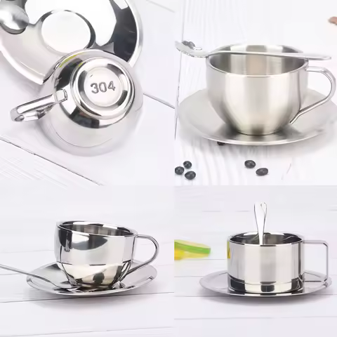 Coffee Cups Set Double-deck Thermal Insulation Coffee Mug Tea Cups Set Milk Mug with Saucer Mat Spoon Stainless Steel Metal CIQ